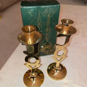 Pair Solid Brass JOY Candlesticks Unused with Box 1995